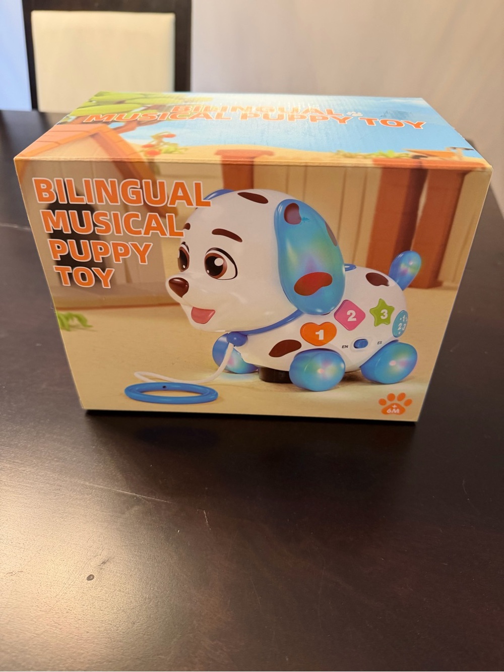 Bilingual Musical Puppy Pull Toy - White and Blue Accents